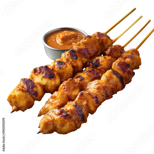 Chicken Satay with Peanut Sauce, tender skewered chicken served with a rich, creamy peanut dipping sauce, garnished with fresh herbs.