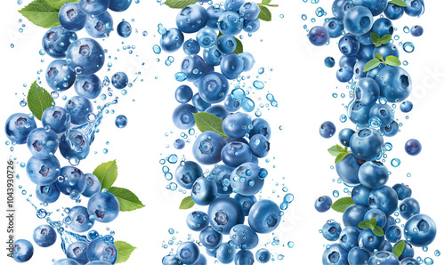 Fresh blueberries falling and splashing into water creating bubbles. blue berries with water droplets on transparent background