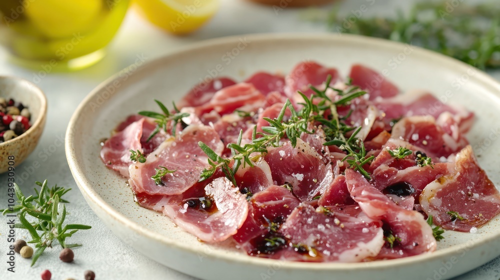 Close-up of a plate of thinly sliced cured meat with rosemary sprigs and peppercorns. Close-up of a plate of thinly sliced cured meat with rosemary sprigs and peppercorns.