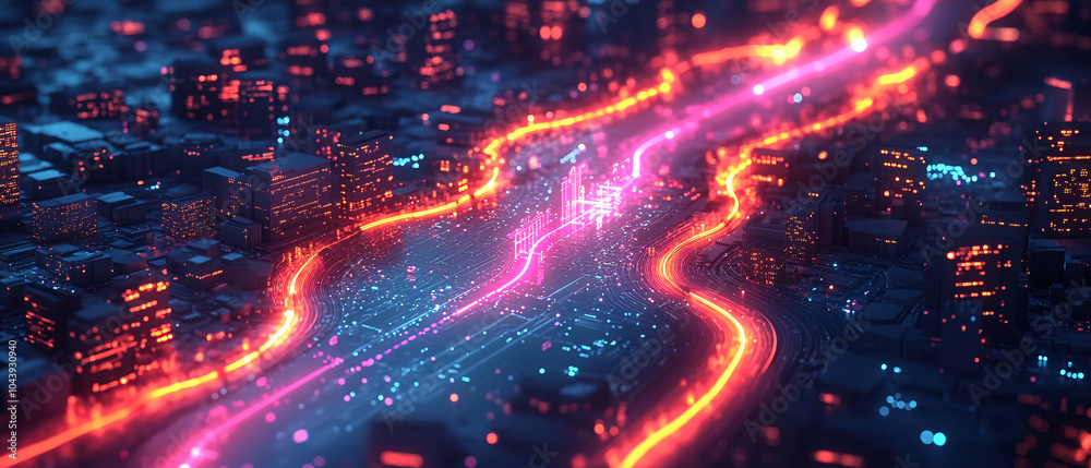 Obraz premium Futuristic Cityscape with Neon Lights and Digital Pathways