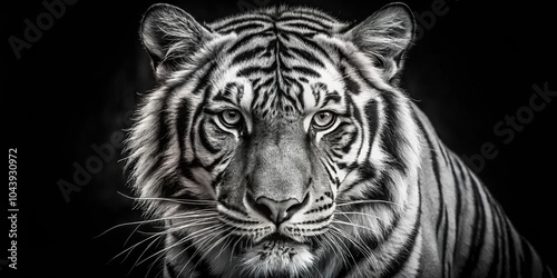 Scary black and white tiger in macro close-up