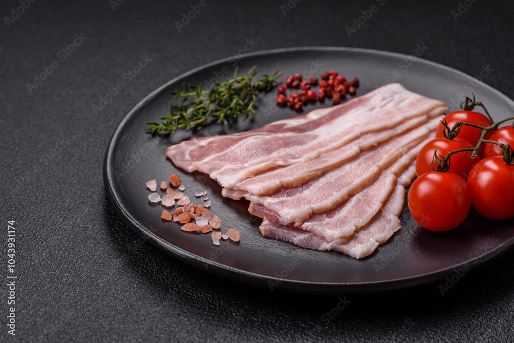 Fresh raw bacon sliced with spices and herbs Fresh raw bacon sliced with spices and herbs