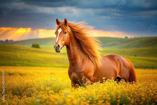 Red horse with long mane standing in flower field under blue sky high angle view