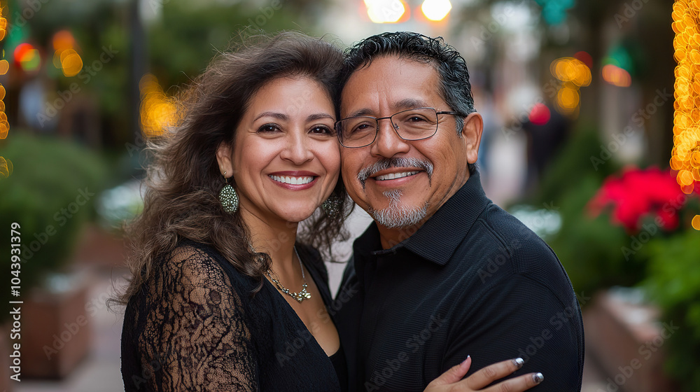 Happy middle aged Hispanic couple enjoying Christmas festivities in city Happy middle aged Hispanic couple enjoying Christmas festivities in city