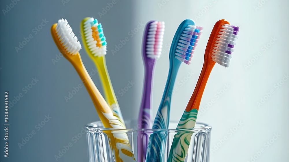 A group of toothbrushes sitting in a glass vase on a table A group of toothbrushes sitting in a glass vase on a table