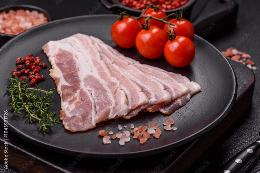 Fresh raw bacon sliced with spices and herbs