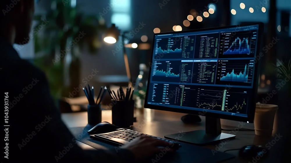 Man working late at night on a computer with charts and graphs on the screen. Man working late at night on a computer with charts and graphs on the screen.