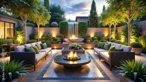 Indulge in an upscale contemporary patio with a beautiful fountain, crafting an exquisite outdoor sanctuary perfect for relaxation and serene moments amidst nature's beauty.