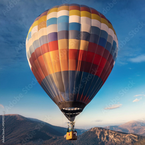 Globo aerostático volando sobre las montañas photo