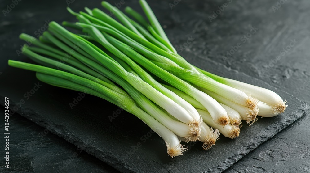 Bunch of fresh green onions lying on dark slate Bunch of fresh green onions lying on dark slate