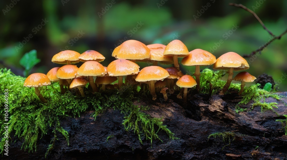 Fototapeta premium mushrooms growing on a fallen log in a dense forest, surrounded by vibrant green moss. 4