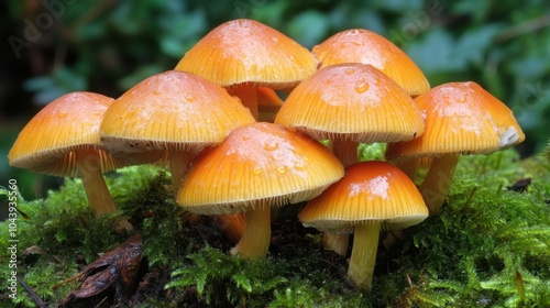 mushrooms emerging from the mossy ground, with their caps wet from the morning dew.