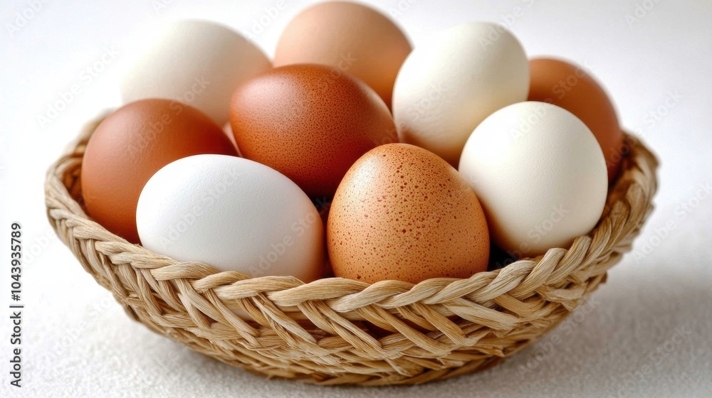 chicken eggs in a woven basket, displaying shades of white, brown, and cream. chicken eggs in a woven basket, displaying shades of white, brown, and cream.