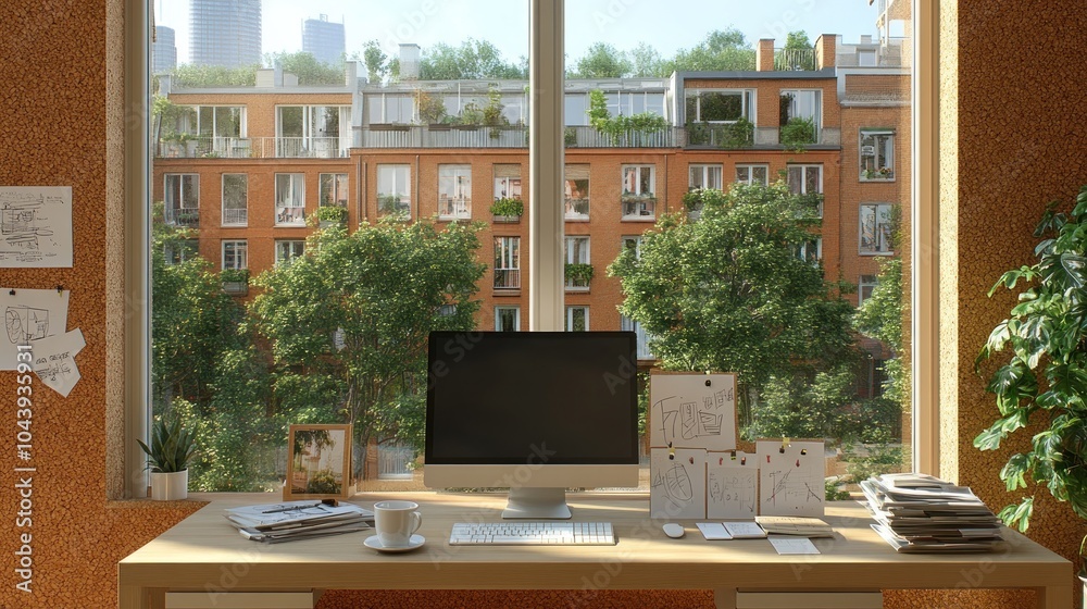 Fototapeta premium Cozy office with a view of greenery and architecture.
