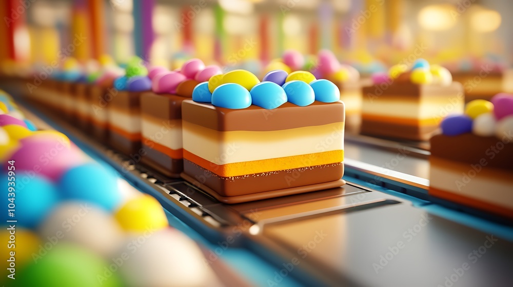 Candy Coated Chocolate Cakes Moving Along a Conveyor Belt. Candy Coated Chocolate Cakes Moving Along a Conveyor Belt.