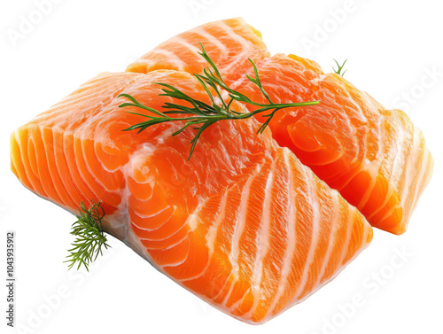Fresh salmon fillets with dill garnish, showcasing vibrant orange hues and rich marbling on a white background.