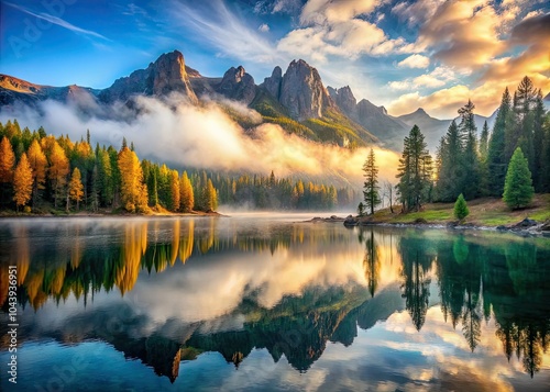 In the Dolomites of South Tyrol, serene morning fog envelops Lago di Limides, painting a peaceful scene that captures the enchanting beauty of Italy's landscape. photo