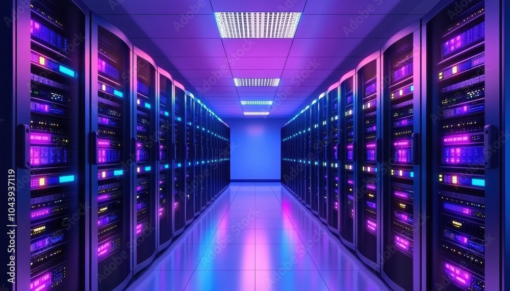 Fototapeta premium Advanced data center with sleek black server racks and glowing LEDs, emphasizing the technology and organized structure of network management