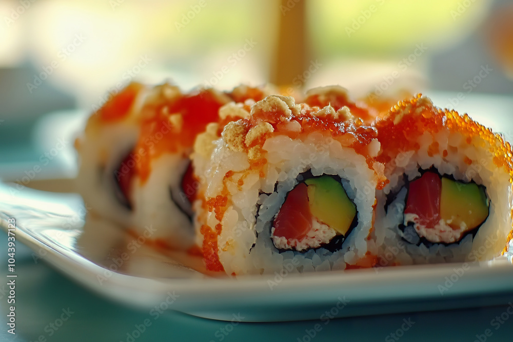 Delicious salmon sushi rolls beautifully arranged on table ready to enjoy at restaurant