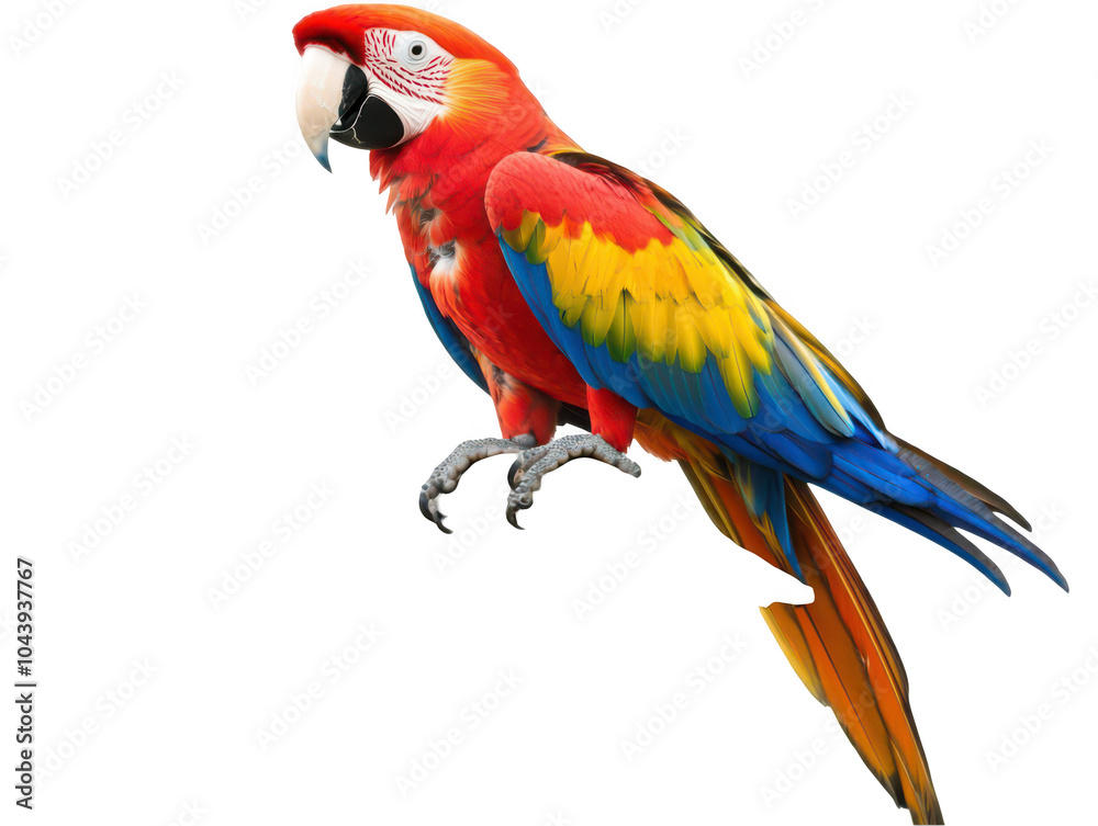 Fototapeta premium Vibrant macaw parrot displaying colorful plumage in a striking pose against a white background.