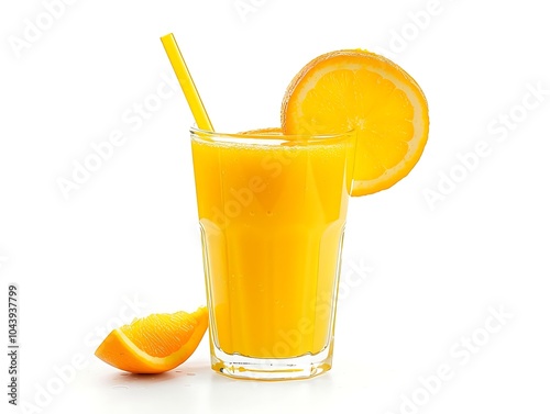 a glass of orange juice with a straw