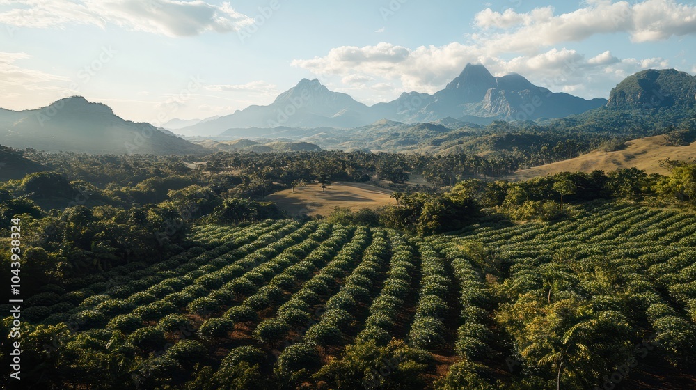 Fototapeta premium Aerial view of rural landscape of Aguia Branca, ES, Brazil, highlighting conilon coffee plantations set against the backdrop of rocky mountains.