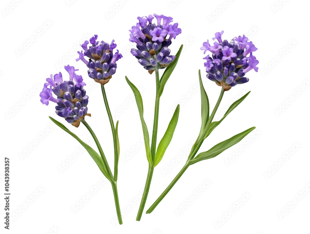 Obraz premium Vibrant purple lavender blossoms with green stems on a white background.