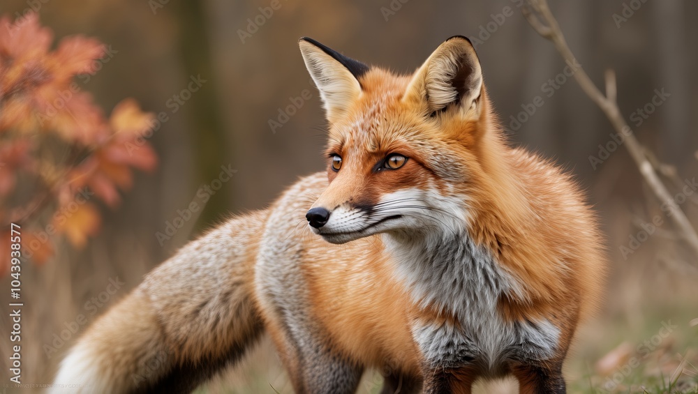 A close-up portrait of a red fox standing in a field with autumn foliage in the background, capturing the beauty and alertness of the animal in its natural environment.
A close-up portrait of a red fox standing in a field with autumn foliage in the background, capturing the beauty and alertness of the animal in its natural environment.
