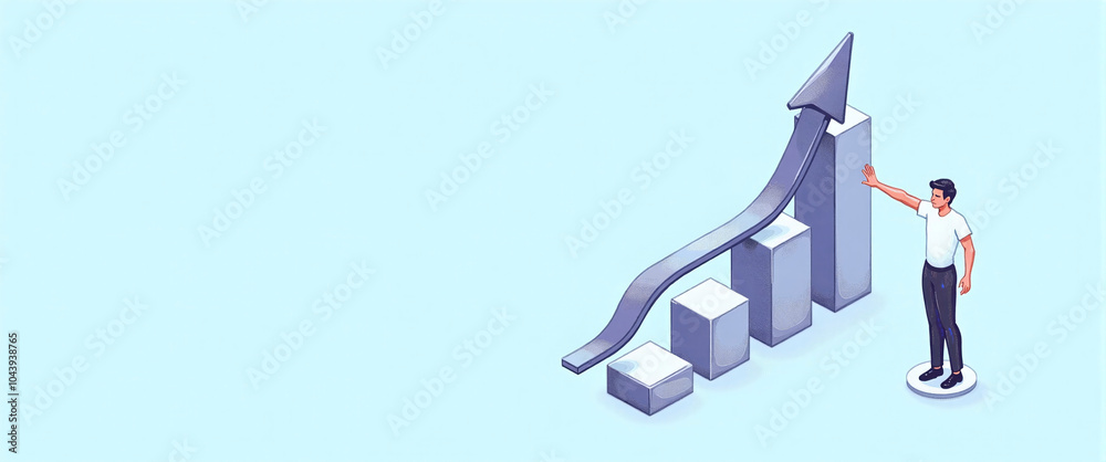 Graphic illustration of a person standing next to a block diagram, constantly growing capital and increasing profit from money deposits, success model Graphic illustration of a person standing next to a block diagram, constantly growing capital and increasing profit from money deposits, success model