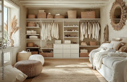 A serene and organized bedroom storage area with natural light and rustic decor