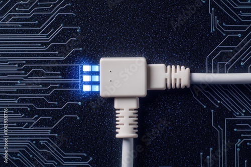 Detailed view of a plugged-in Ethernet cable, blue light illuminating the circuit board, capturing the essence of digital communication technology photo