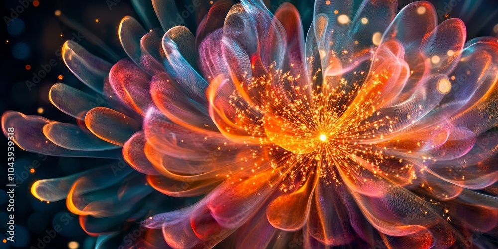 Obraz premium A vibrant abstract flower blooms in striking colors. This digital art piece showcases swirling petals and luminous sparks of light. Ideal for creative projects. AI