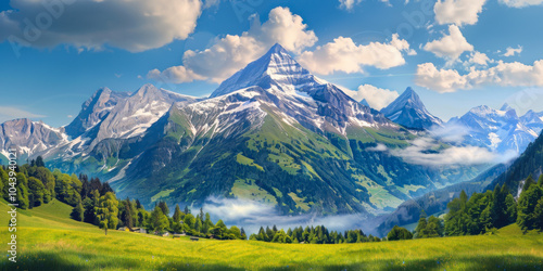 Majestic mountain range with lush green valleys and dramatic clouds under bright sky in a serene landscape setting