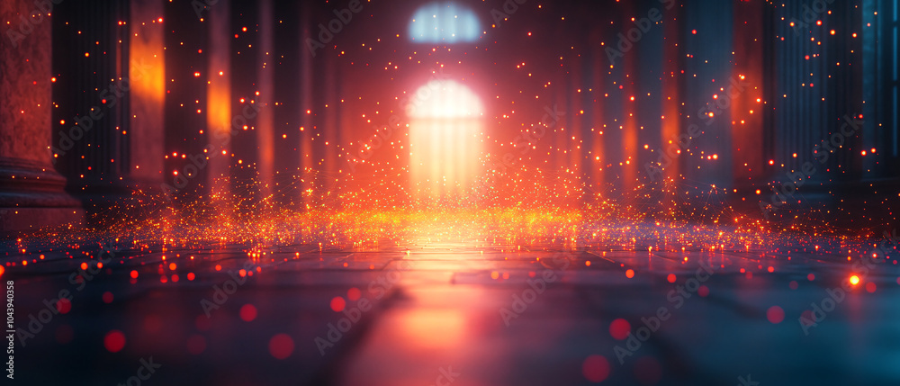 Abstract Glowing Light Particles in Hallway with Pillars Abstract Glowing Light Particles in Hallway with Pillars