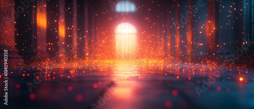 Abstract Glowing Light Particles in Hallway with Pillars