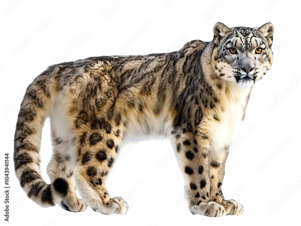 Obraz premium Majestic snow leopard standing, showcasing its beautiful spotted fur and intense gaze.