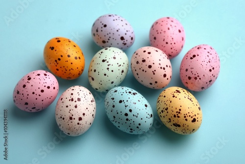 Decoratively painted Easter eggs arranged on a pastel background ready for celebration