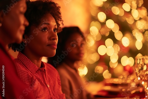 multigenerational Black family gathered around a festive table, one person in a bold red gingham shirt, a Christmas tree in the background