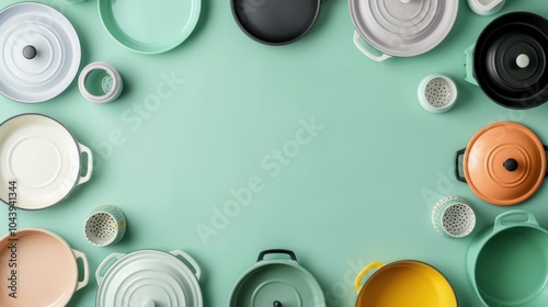 Colorful Pots and Pans on Green Background.