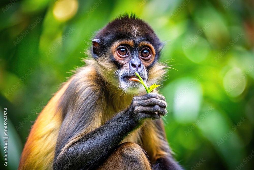 Fototapeta premium Close-up spider monkey eating in lush rainforest