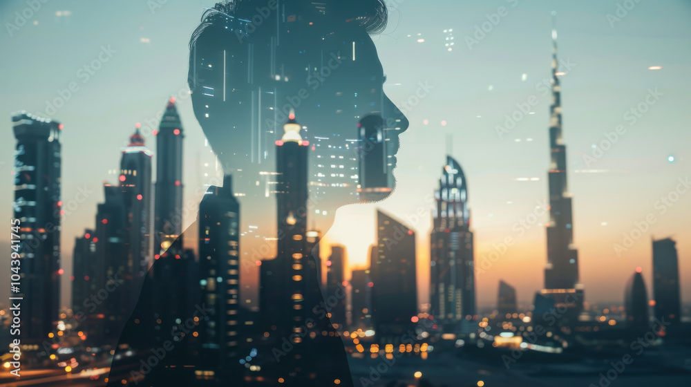 Fototapeta premium Silhouette of a woman against a sunset cityscape featuring skyscrapers and urban lights in a vibrant metropolis