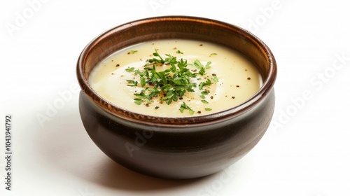 Creamy Soup in Rustic Bowl with Parsley Garnish