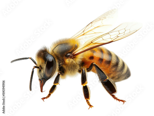 Close-up of a honey bee showcasing detailed wings and vibrant coloring.