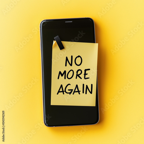 'No More Again' Sticky Note on Phone on a Yellow Background. Digital Detox Reminder, Addiction Control. Generative AI