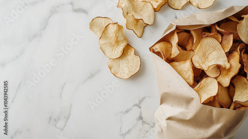 Delicious dried apple slices on marble surface in eco-friendly paper bag photo