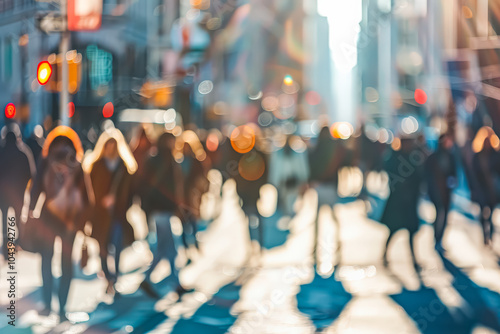 Busy city street with people walking and a blurry background. Scene is bustling and lively