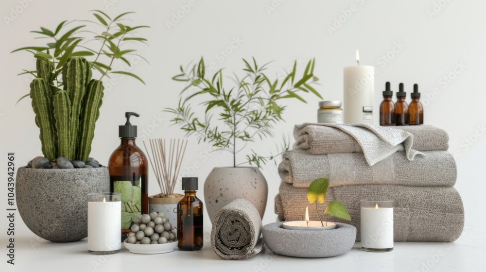 Spa Relaxation: Scented Candles, Towels, and Plants Spa Relaxation: Scented Candles, Towels, and Plants