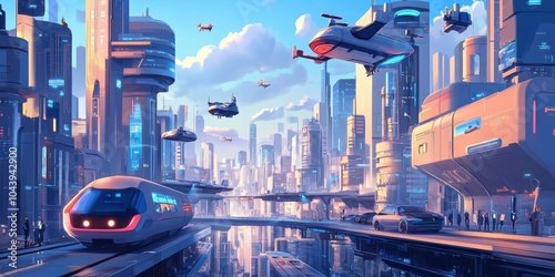 A futuristic city skyline with eco-friendly vehicles. The illustration shows modern buildings, electric cars, flying drones, and high-speed trains.