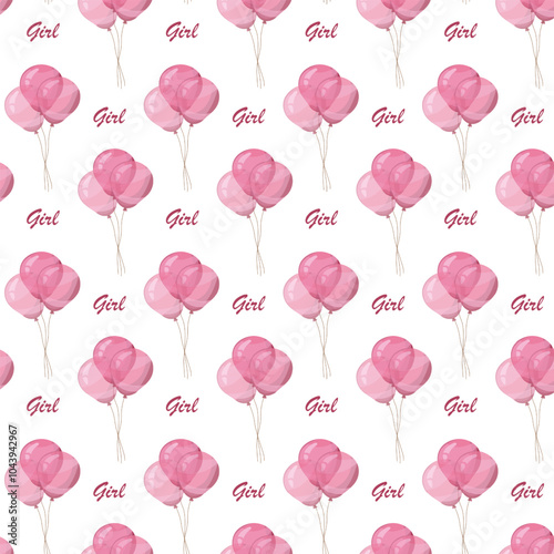 Seamless pattern pink balloons for Gender reveal party, event decoration, greetings, anvitations, baby shower, holiday, birthday. Helium ballon gift. Cartoon stile. Vector illustration