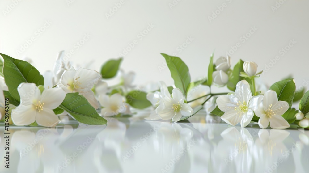Fototapeta premium White Jasmine Flowers with Green Leaves - Floral Photography